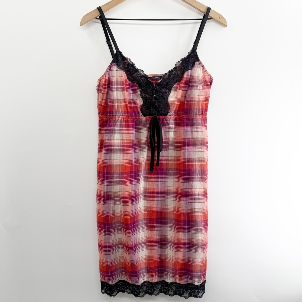 Vintage Y2K Hurley Babydoll Mini Slip Dress in Plaid Black Lace Size S‎
